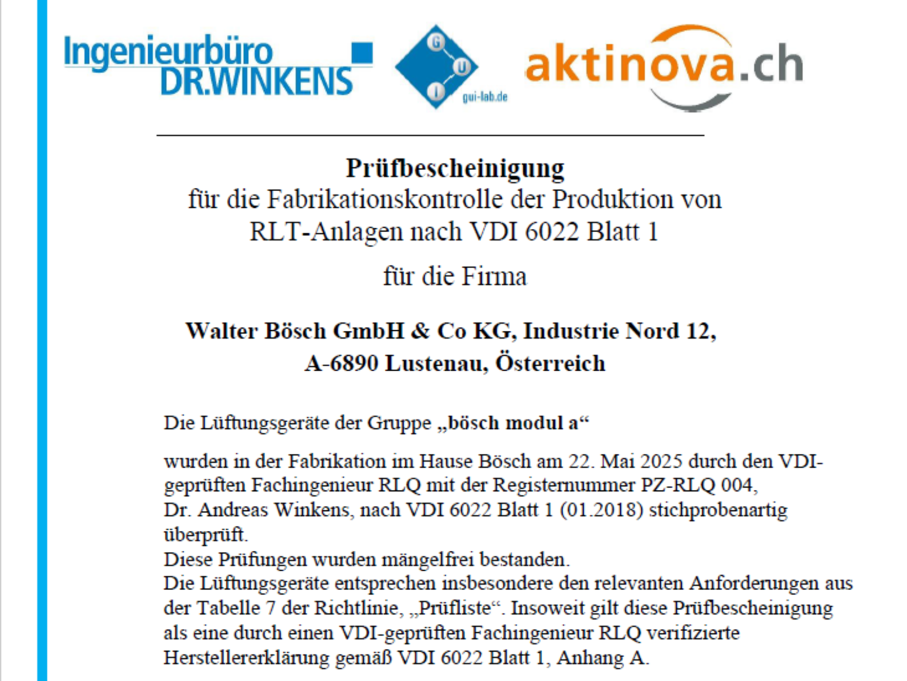 RLT-Anlagen von bösch nach VDI 6022 geprüft